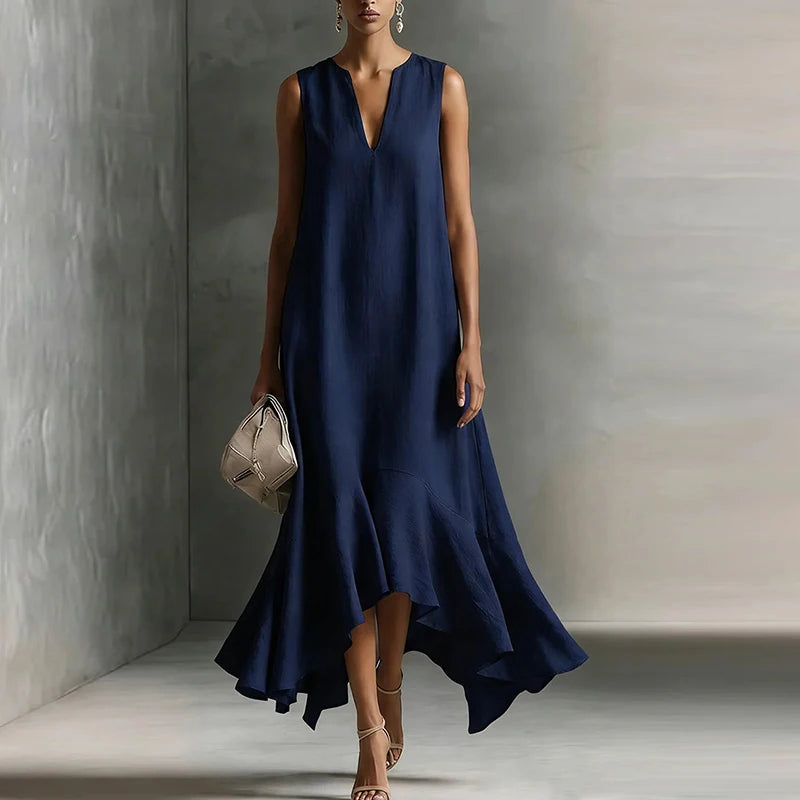 Fashion Women Sleeveless V Neck Long Dress Ruffle Hem Irregular Sundress Summer Casual Loose Beach Holiday Dress Boho