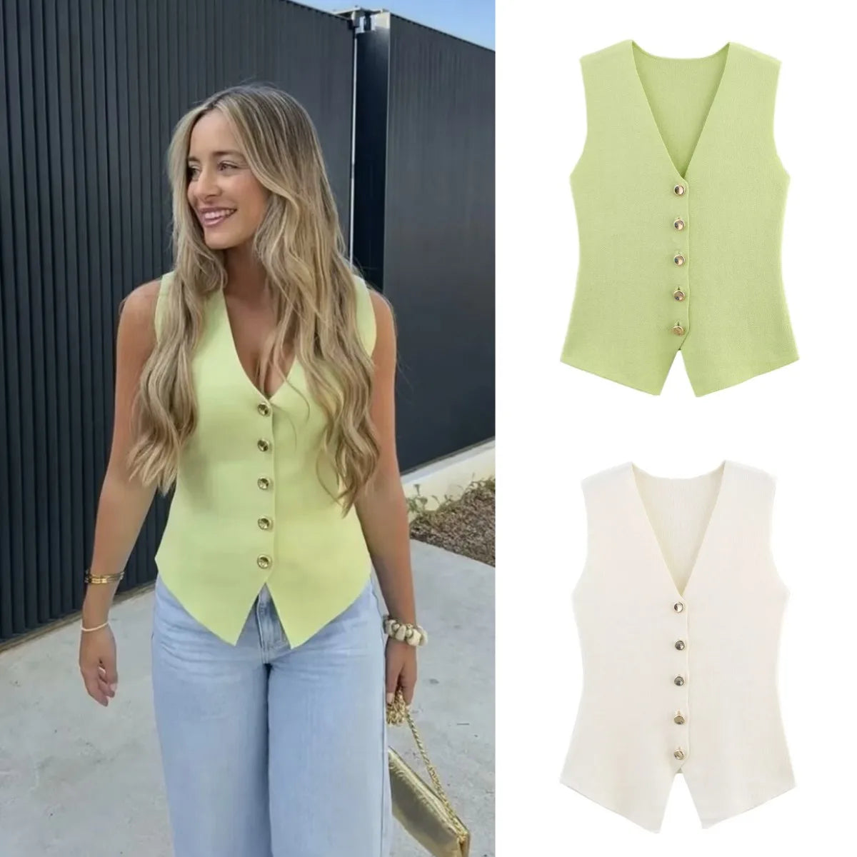 ETJ new women's elegant fashion all-match V-neck sleeveless vest jacket knitted waistcoat