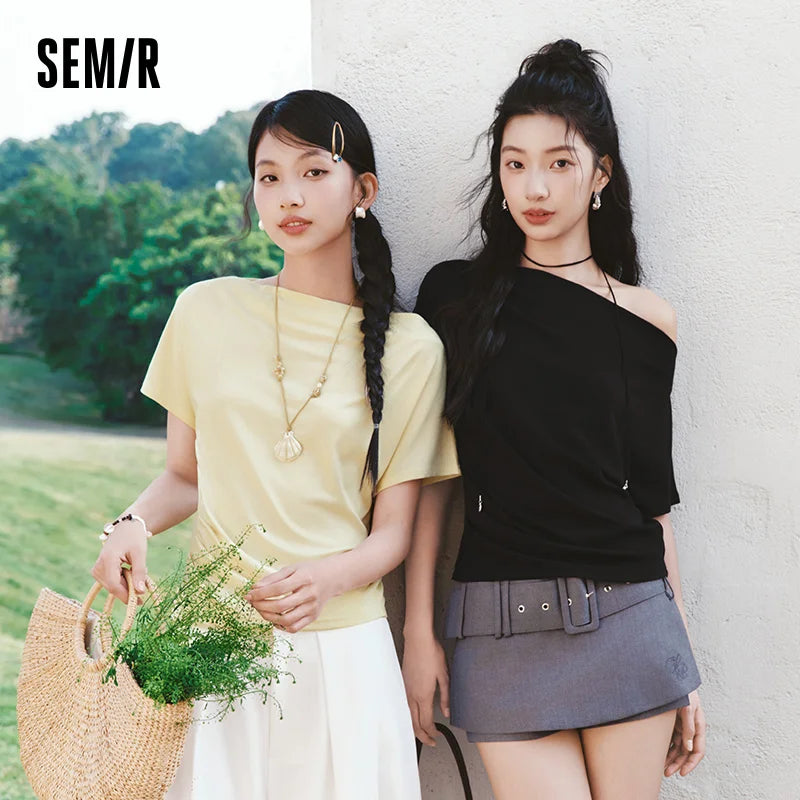 Semir Womens Tshirt 2026 Short Style Draped Neck Slit Ruched Slim Raglan Sleeve Casual Fashion