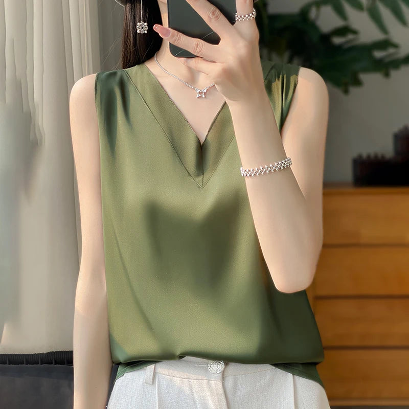 Silk Faux Thin Short Sleeve Tees All-Match Basic T-Shirt Slip Woman Summer Clothes Elegant Tops Solid Loose Casual Fashion