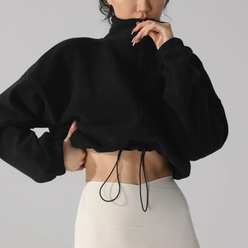 New Autumn Winter Clothes Warm High Waist Casual Sports Yoga Coat Fleece Fitness Short Jacket Slim Lady Zip Up Sweatshirt Women