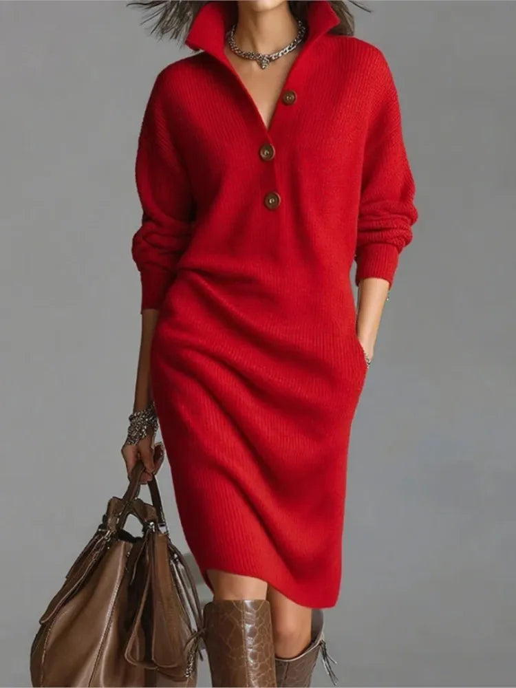 Autumn Fashion Knitted Button Lapel Women Dress Casual Loose Pocket Lazy Straight Over The Knee Long Sleeve Sweater FemaleDress