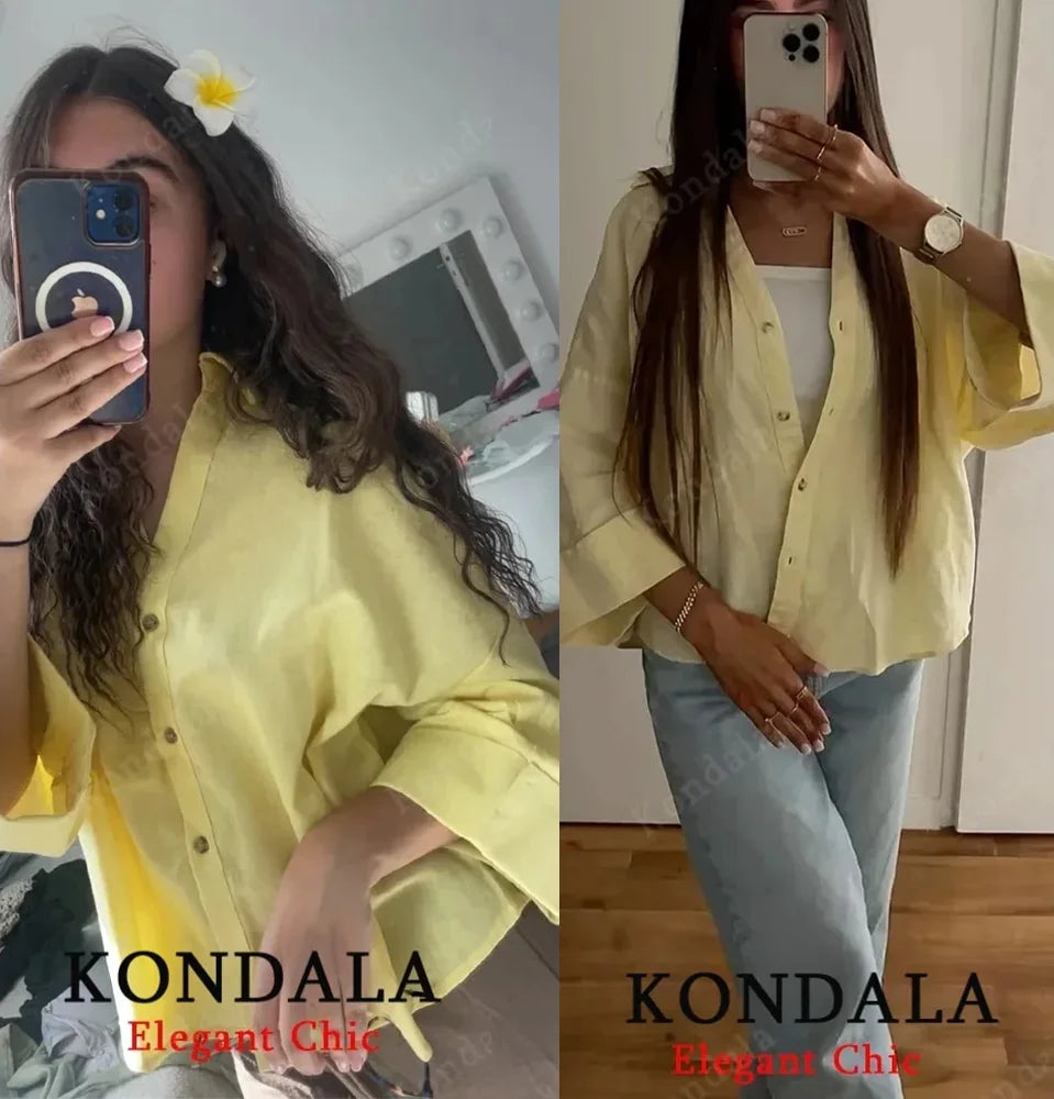 KONDALA Minimalist Casual Loose Shirt Women New 2026 Trendy Commute Wide Sleeves Shirt Spring Summer Fashion Holidays Lady Shirt