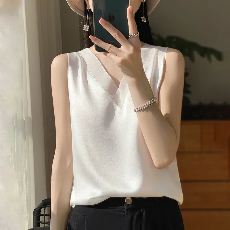 Silk Faux Thin Short Sleeve Tees All-Match Basic T-Shirt Slip Woman Summer Clothes Elegant Tops Solid Loose Casual Fashion