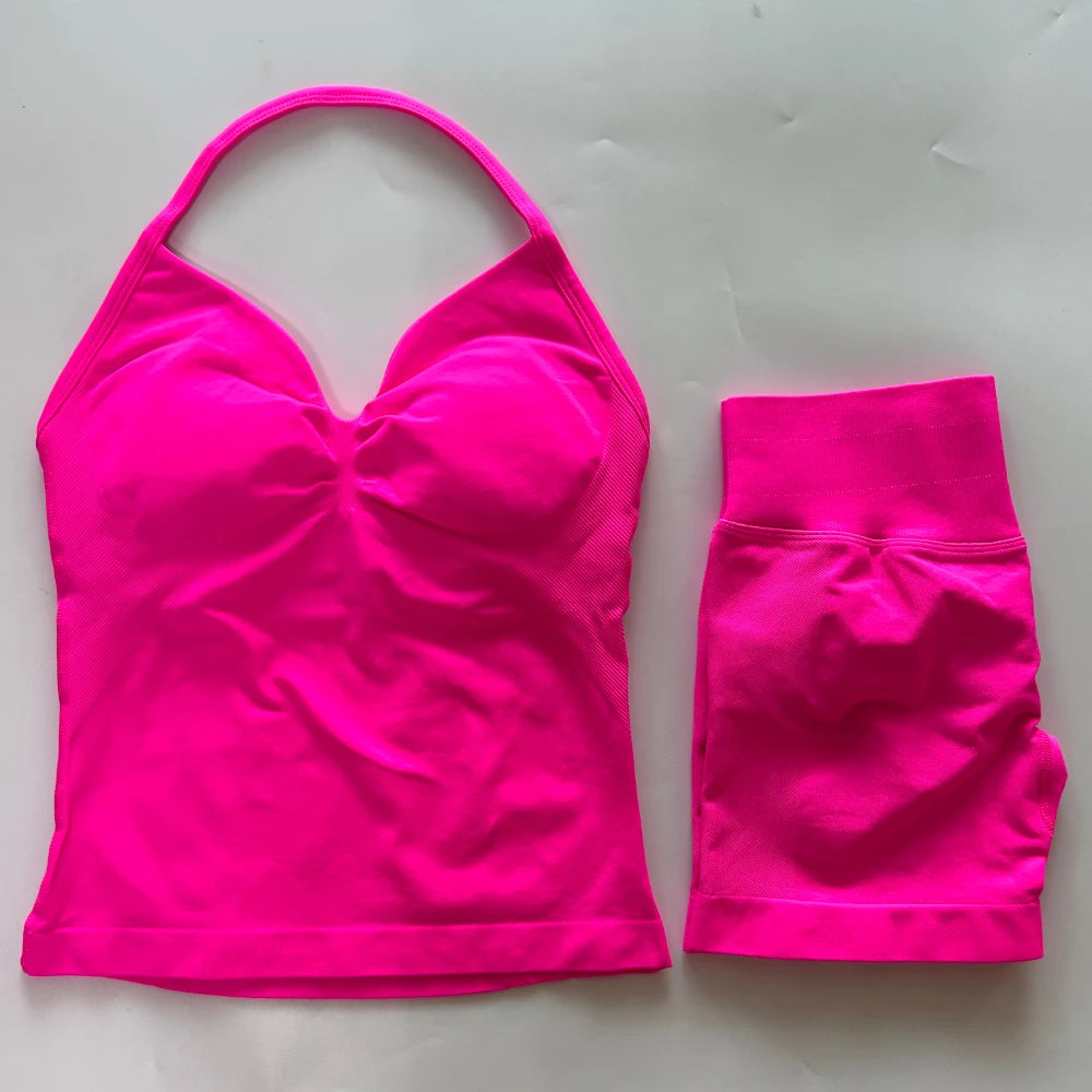 No Logo 2Pcs Gym Set Women Backless Tank Tops High Waist Scrunch Seamless Shorts Gym Suit Fitness Clothes Activewear Workout Set