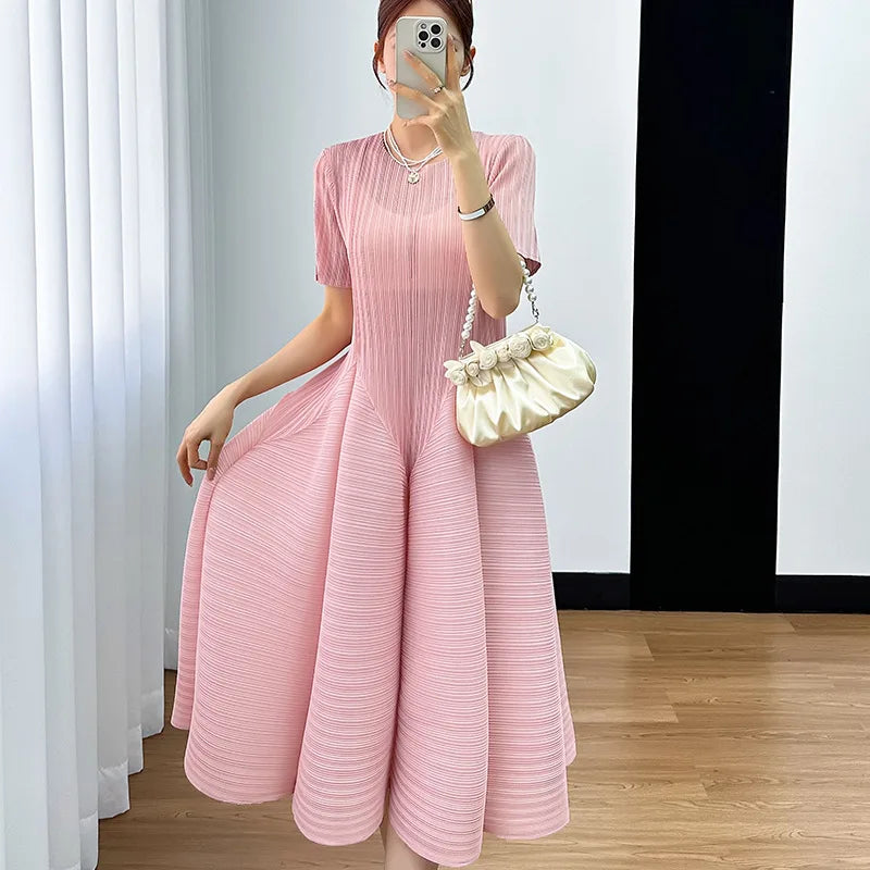 Miyake Y2k Pleated Women's Dress Bubble Short-sleeved Loose Slim Thin Medium-length Dresses for Women Summer New