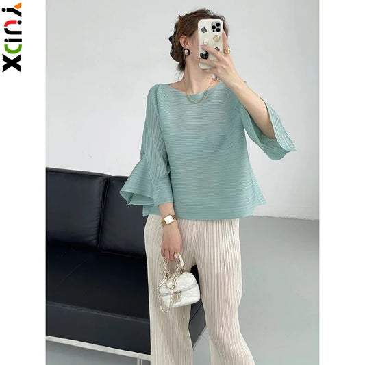 YUDX Pleated T-shirt For Women O-neck Flare Sleeves Solid Color Casual Tops Versatile Summer New Clothing