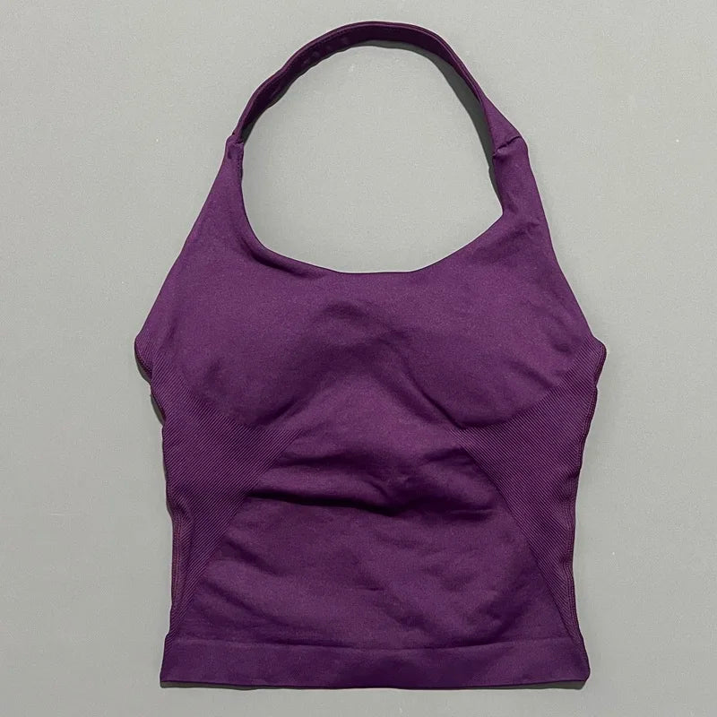 HISTELLO Impact Halter Top Seamless Longline Strappy Gym Tank Top Women Yoga Clothing Workout Fitness Sportswear Pilates Vest