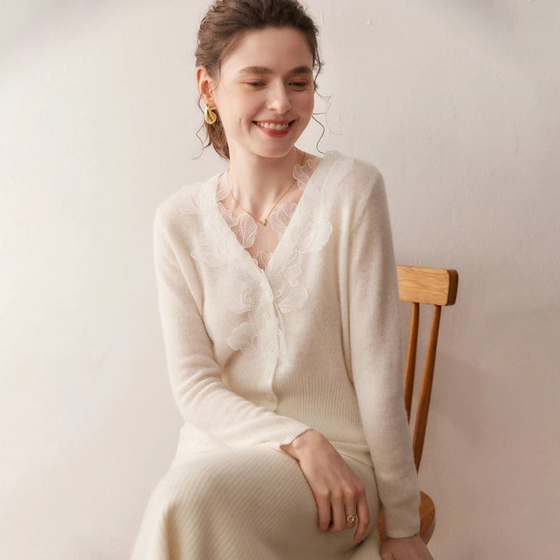Luxury Women's 100% Cashmere Sweater Cardigans V-neck Knit Tops Autumn Winter Casual Leaf pattern lace cardigan Soft Knitwear