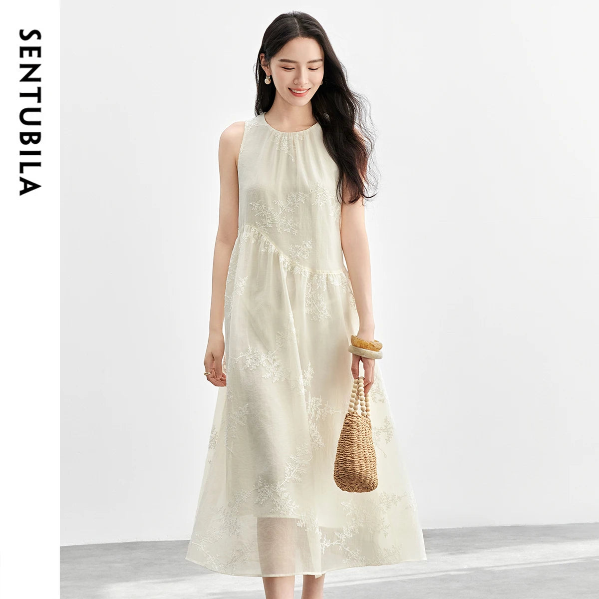 SENTUBILA Women Summer Dress 2026 Elegant Ladies Embroidery O Neck Sleeveless Tank Holiday Vacation Long Dresses Woman 151L58207