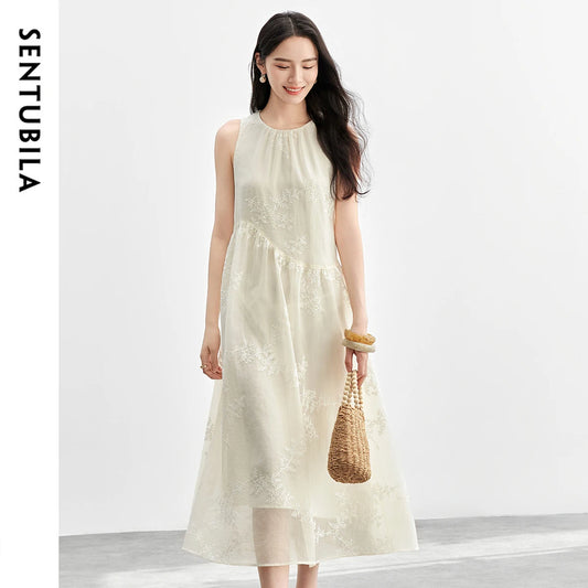 SENTUBILA Women Summer Dress 2026 Elegant Ladies Embroidery O Neck Sleeveless Tank Holiday Vacation Long Dresses Woman 151L58207