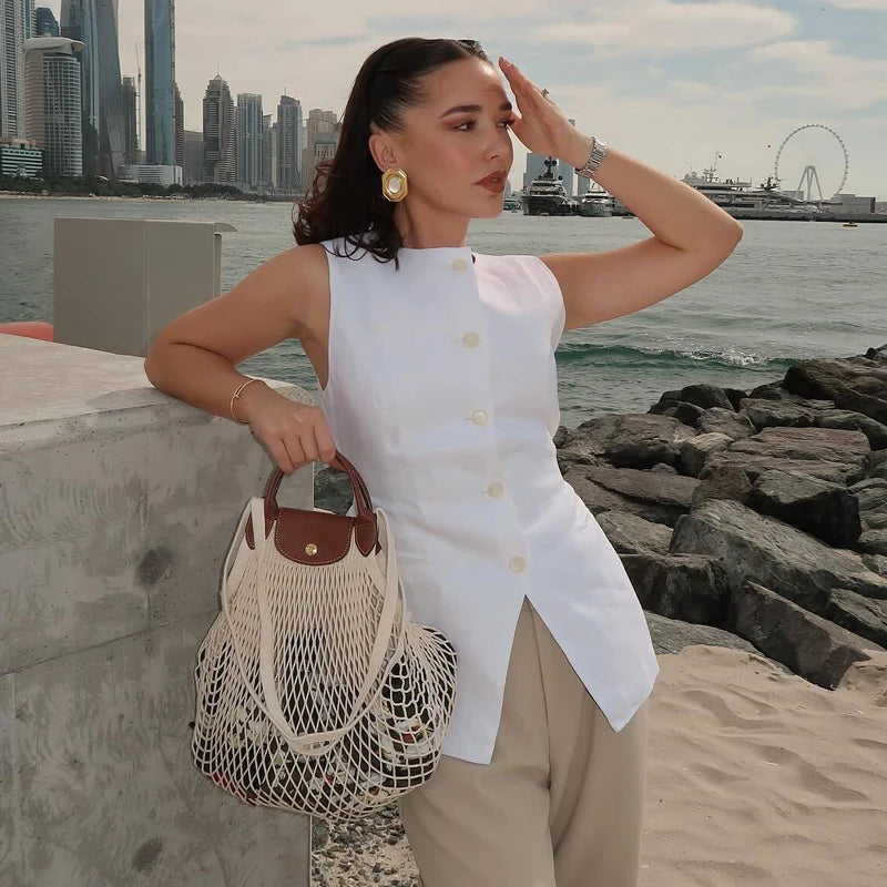 MUJER White Sleeveless Vest Women Button Summer Vests for Women Jacket Pink Vest Top Women Streetwear Women's Tailored Vest