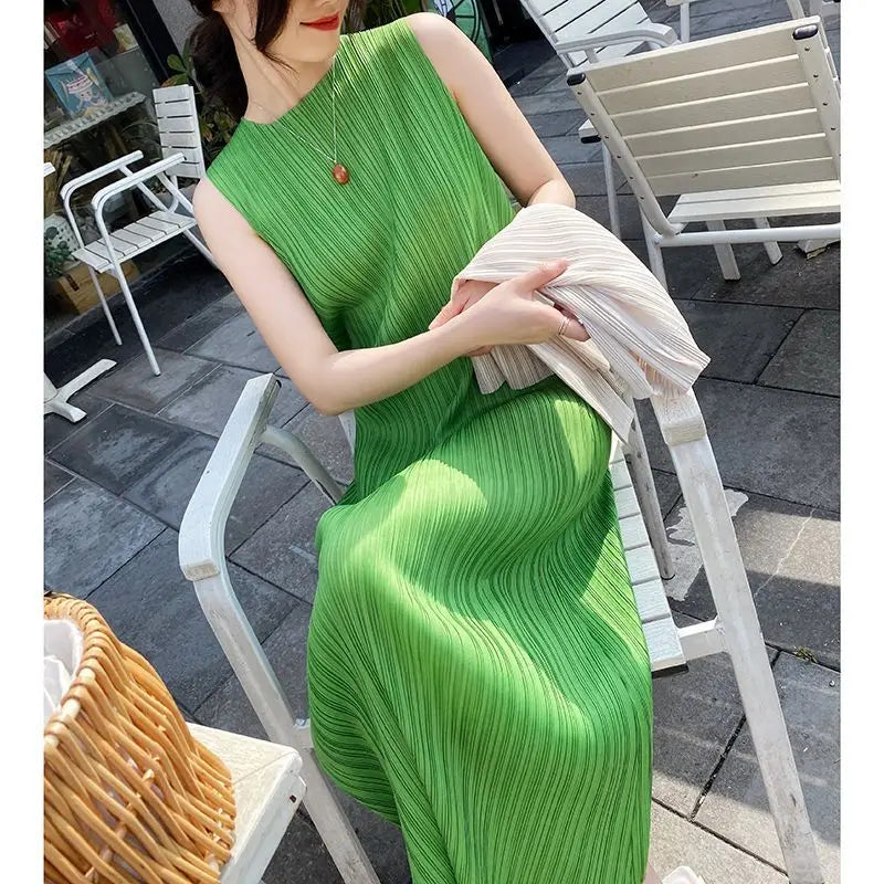 Miyake Pleated Dress Spring Summer Fashion Women Sleeveless Vest Dress High  Elastic Slim Long Vestidos Female Strap Dresses