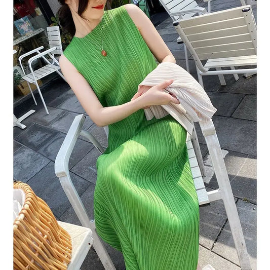 Miyake Pleated Dress Spring Summer Fashion Women Sleeveless Vest Dress High  Elastic Slim Long Vestidos Female Strap Dresses