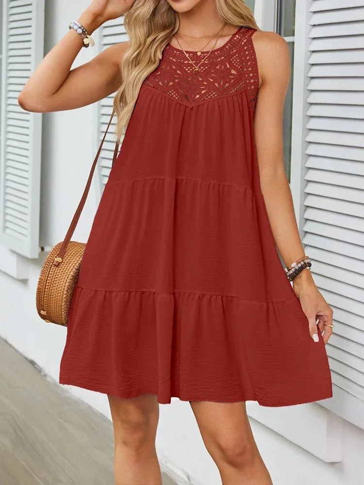 Women Summer Beach Mini Dresses Halter Sleeveless Sexy Loose A-Line Hollow Out Lace White Bohemia Dress Pleated Solid Sundress