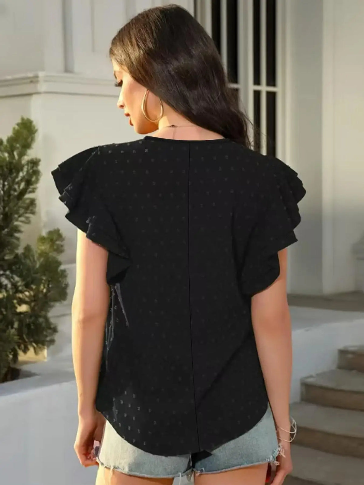 Women's V Neck Ruffle Sleeve Blouse Swiss Dot Loose Short Sleeve Summer Casual Tops