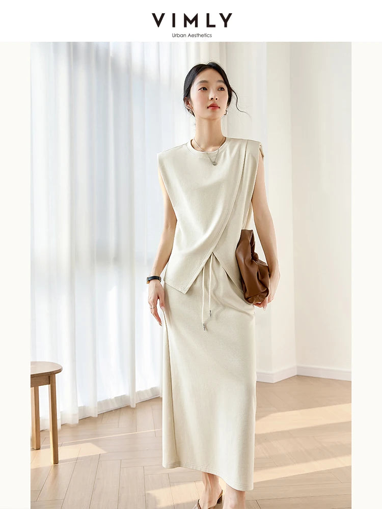 VIMLY Women's Summer Skirt Suit 2026 Office Lady Irregular Sleeveless Tops T-Shirt Straight Skirt Casual Simple Outfits M9656
