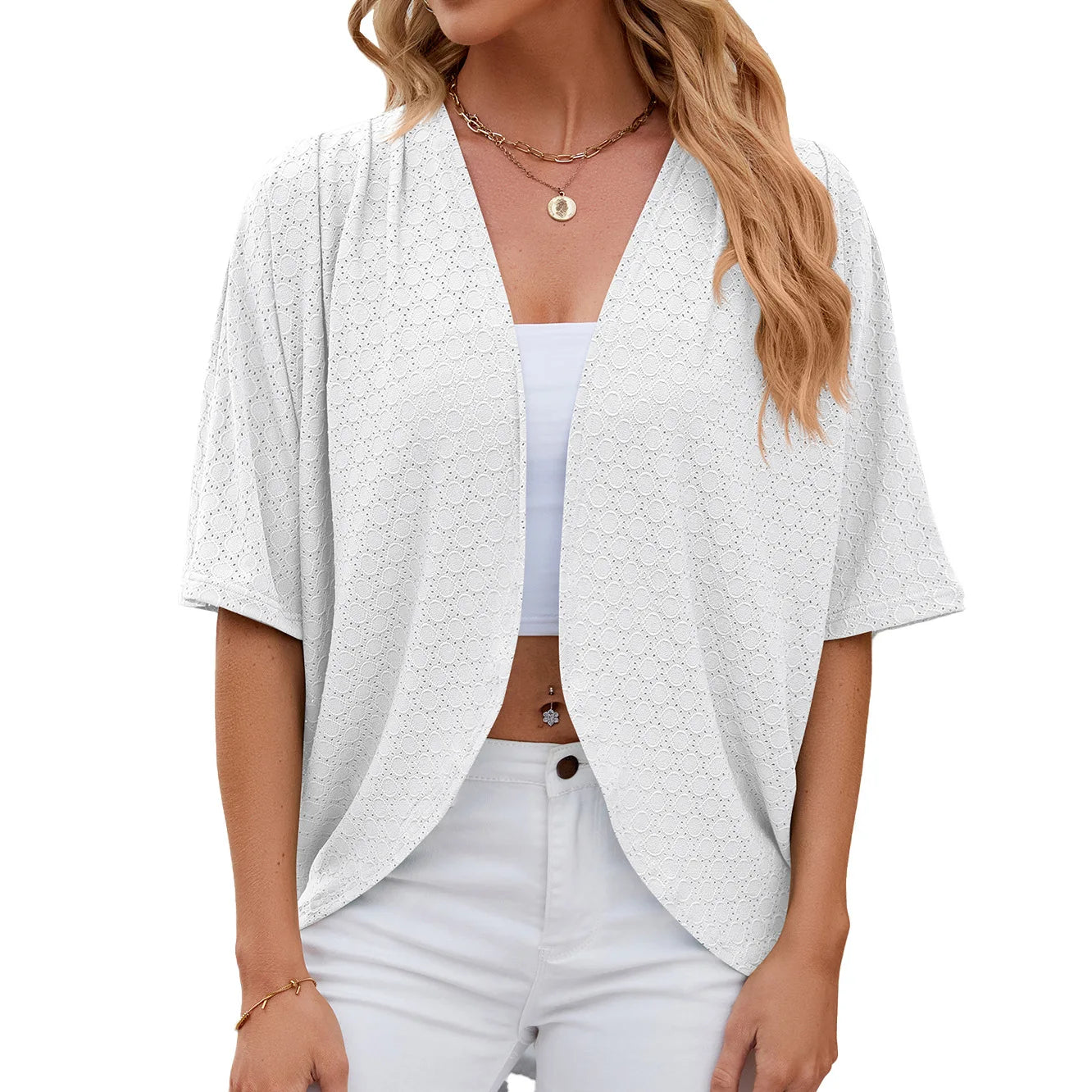 2026 New spring Summer Fashion Ladies Hollow Out Cardigan solid color circle short-sleeved casual loose top Women Outwear