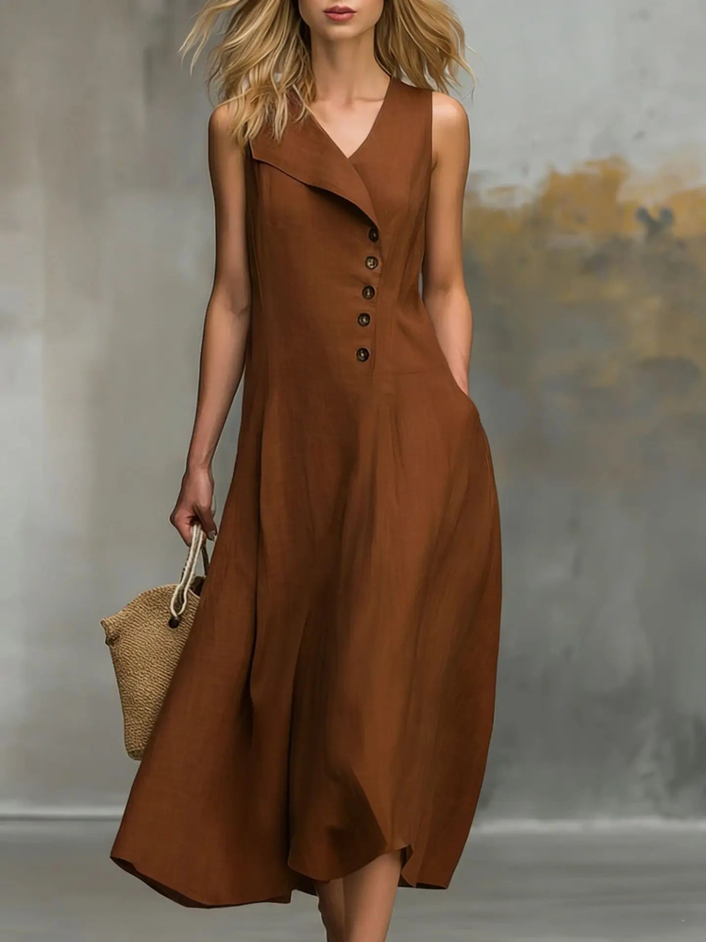 Women's Solid Color Lapel Buttons Maxi Dresses Summer With Pockets Sleeveless A-line Sundress Casual Loose Holiday Party Dress