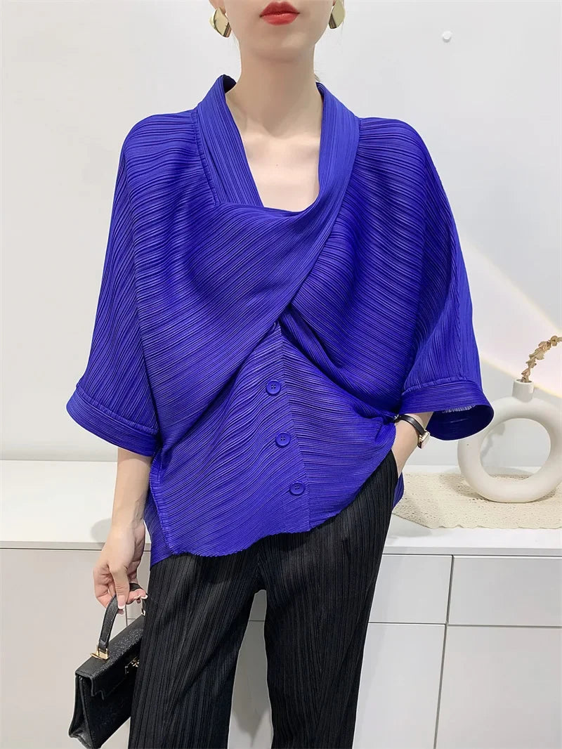 ALSEY Miyake Pleated Original Short Jacket for Women Spring Summer New Loose Casual Seven-minute Sleeve Scarf Collar Top