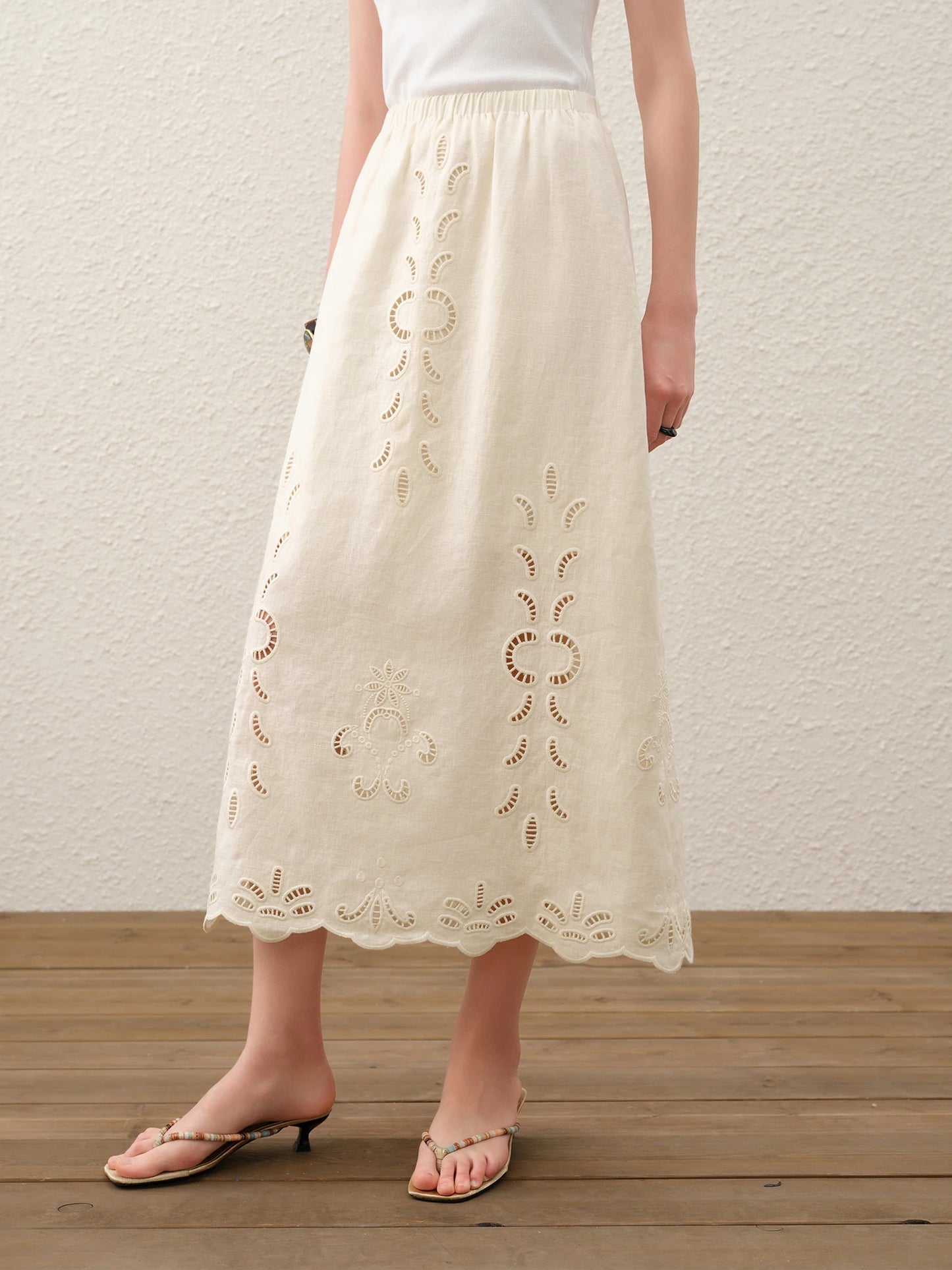 FSLE【Premium Series】Summer Women Linen Two Piece Set Cut-Out Embroidered Sleeveless Top Midi Skirt Boho Beach Vacation Style