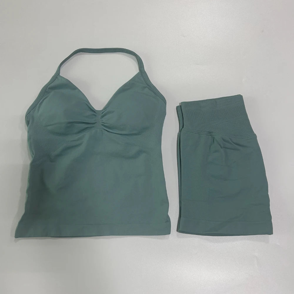 No Logo 2Pcs Gym Set Women Backless Tank Tops High Waist Scrunch Seamless Shorts Gym Suit Fitness Clothes Activewear Workout Set