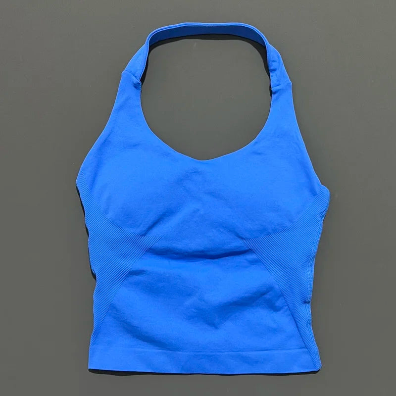 HISTELLO Impact Halter Top Seamless Longline Strappy Gym Tank Top Women Yoga Clothing Workout Fitness Sportswear Pilates Vest