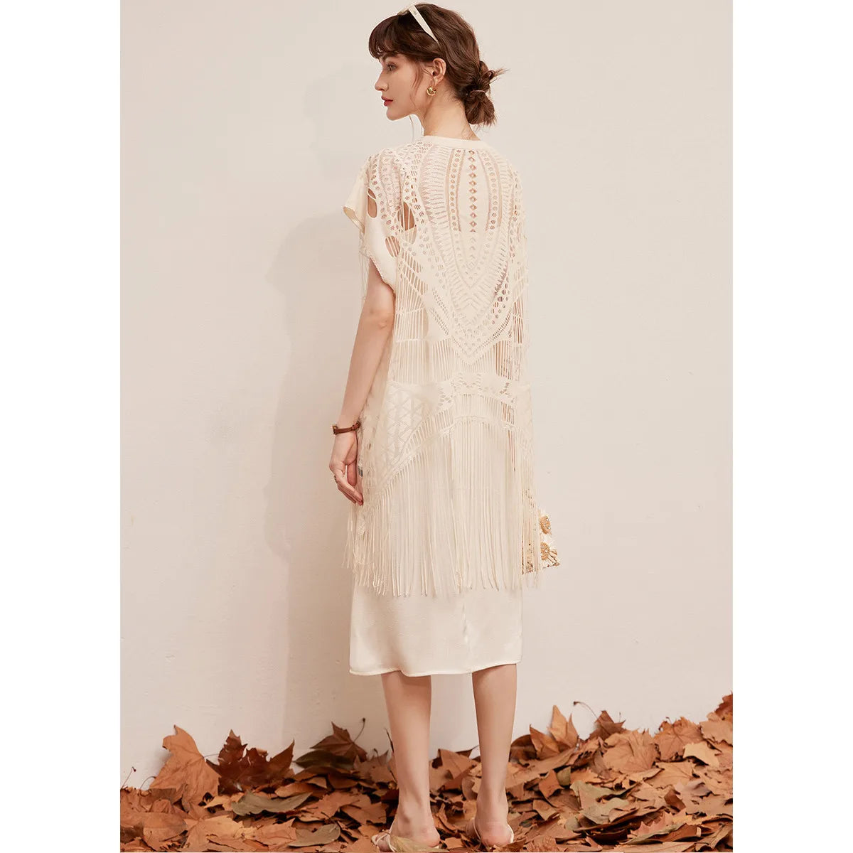 LOUIS YAO Dress Set Two-piece Set with Hollowed Out Lace Tassel Top and Elegant Camisole Dress Summer Dress for Women