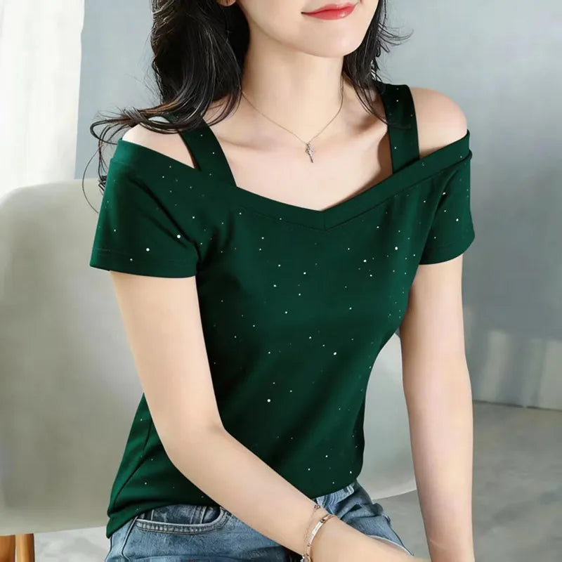 Womens Purple Cold Shoulder T-Shirt V Neck Double Strap Sparkle Dot Print Short Sleeve Slim Fit Casual Summer Top for Daily Wear