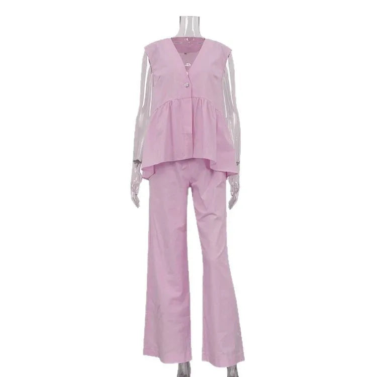 2 pieces women sets 2026 Cotton V-neck sleeveless top vest+long pants new solid color two-piece sets women's clothing