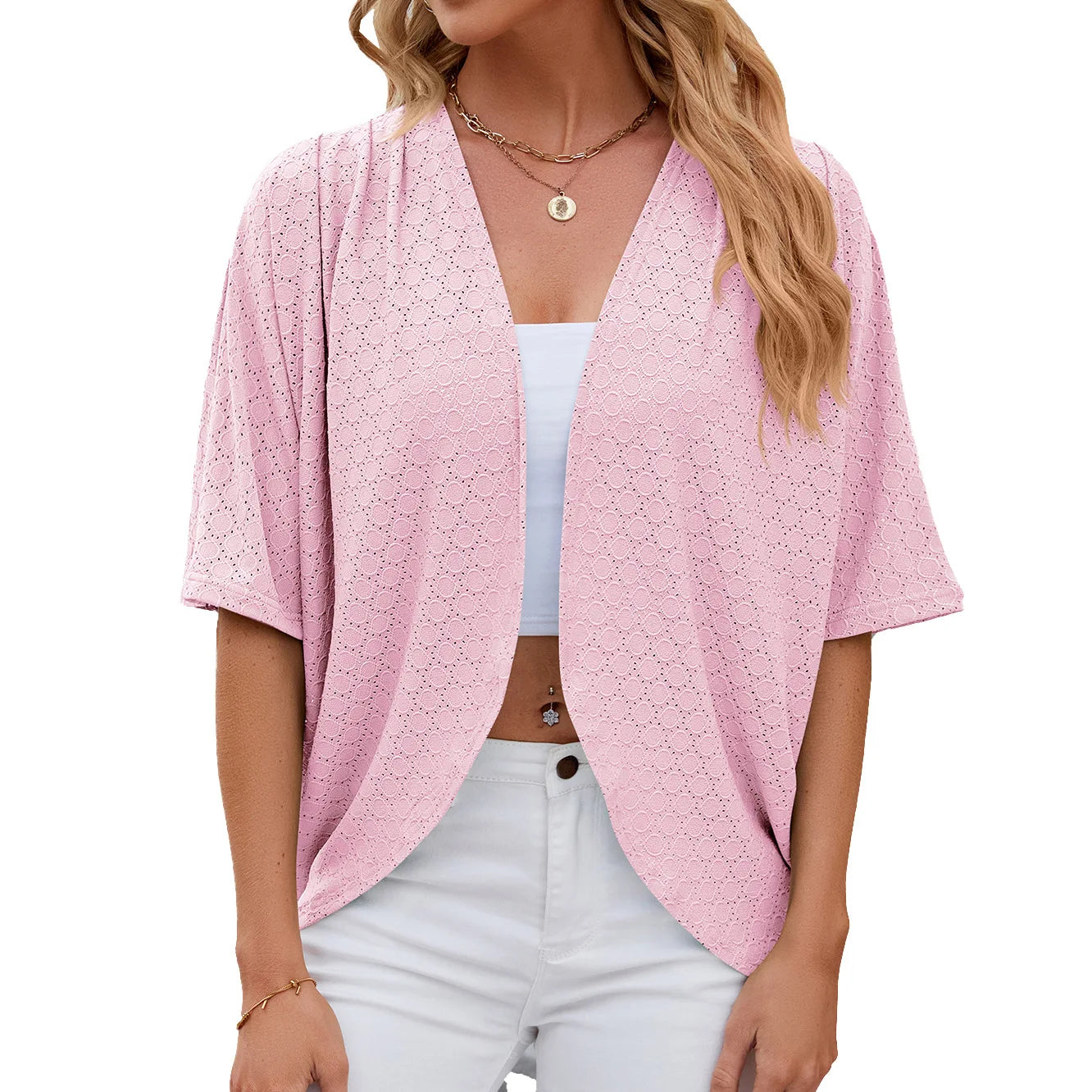 2026 New spring Summer Fashion Ladies Hollow Out Cardigan solid color circle short-sleeved casual loose top Women Outwear