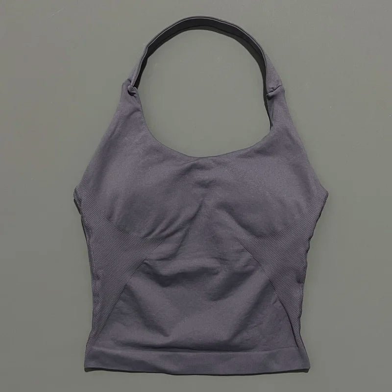 HISTELLO Impact Halter Top Seamless Longline Strappy Gym Tank Top Women Yoga Clothing Workout Fitness Sportswear Pilates Vest