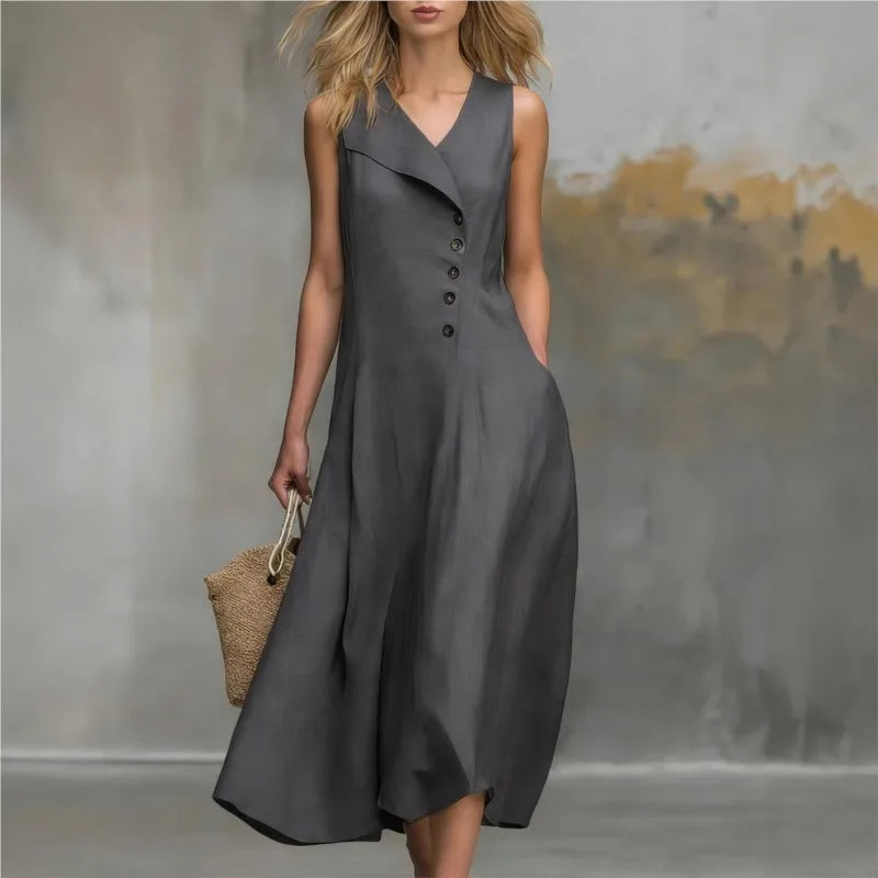 Women's Solid Color Lapel Buttons Maxi Dresses Summer With Pockets Sleeveless A-line Sundress Casual Loose Holiday Party Dress