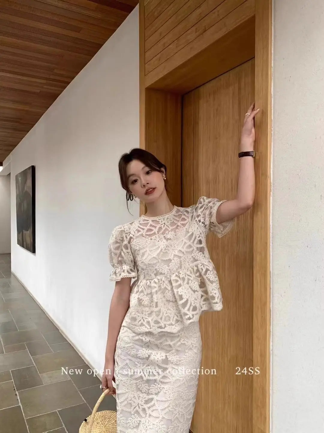 New Luxury High End Lace Two Piece Set Women Summer Fashion Hollow Out Embroidery Short Sleeve Patchwork Top + Slim Skirt Suit