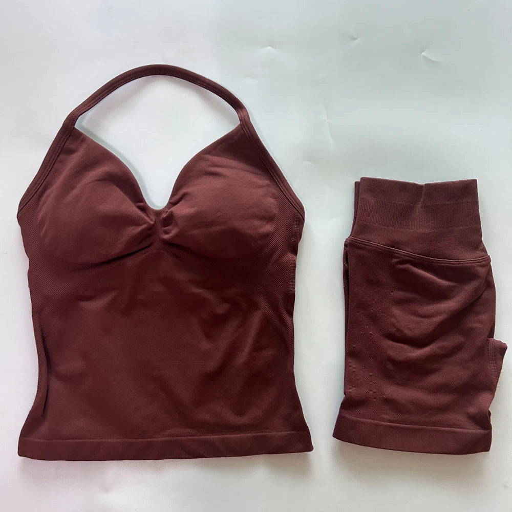 No Logo 2Pcs Gym Set Women Backless Tank Tops High Waist Scrunch Seamless Shorts Gym Suit Fitness Clothes Activewear Workout Set