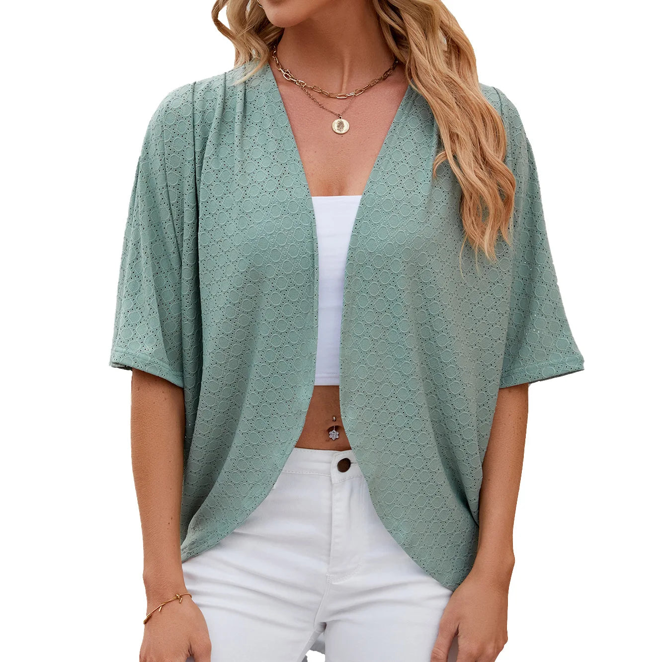 2026 New spring Summer Fashion Ladies Hollow Out Cardigan solid color circle short-sleeved casual loose top Women Outwear
