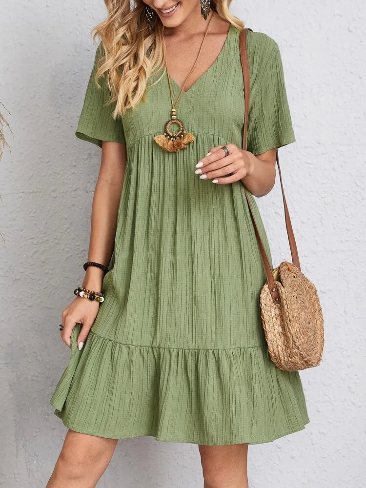 Elegant Solid V Neck A Line Dress New Summer Ruffles Loose Mini Dress Casual Short Sleeve Beach Party Vestidos Streetwear