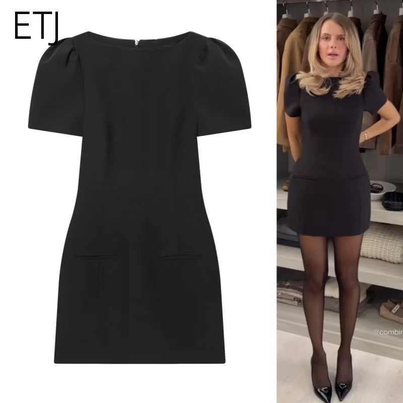 ETJ women's new products are elegant and stylish Short dress with a boat neck and short sleeves with pleats  black dress