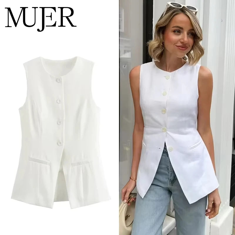 MUJER White Sleeveless Vest Women Button Summer Vests for Women Jacket Pink Vest Top Women Streetwear Women's Tailored Vest