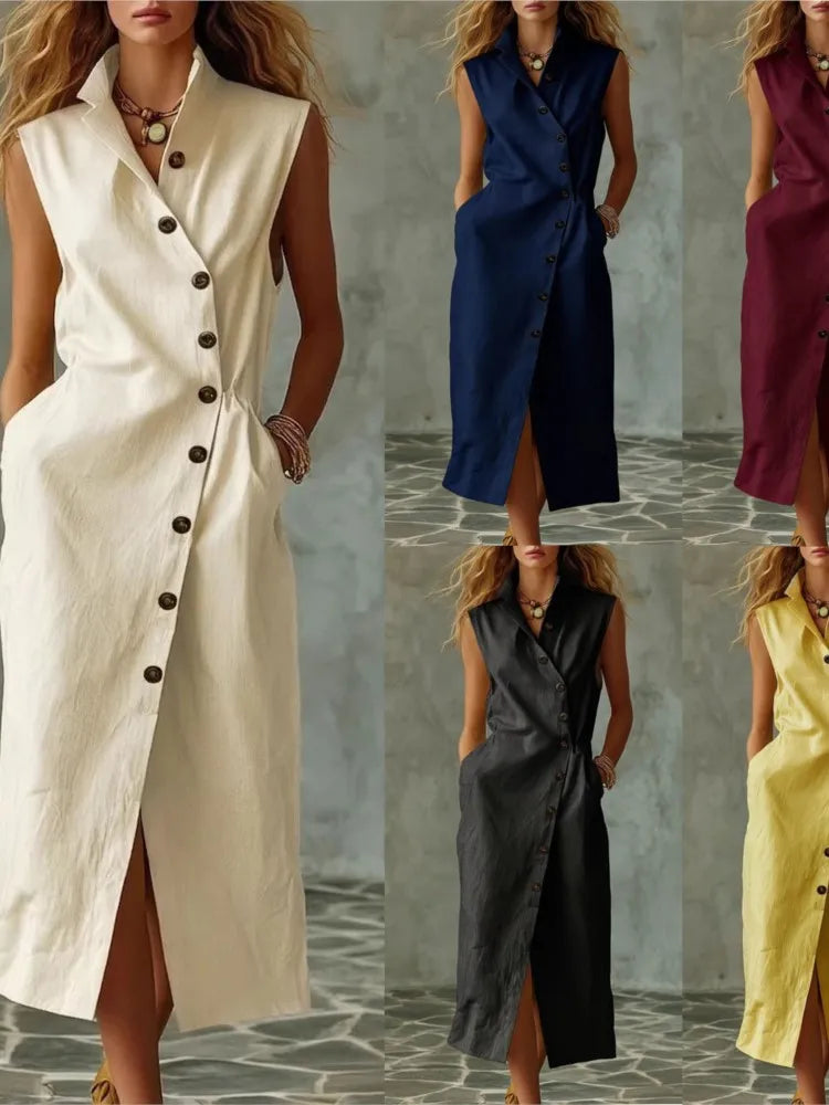 Women New Elegant Sundress Summer Single-breasted V Neck Sleeveless Long Dress Fashion Holiday Party Vestido Femme Casual Dress