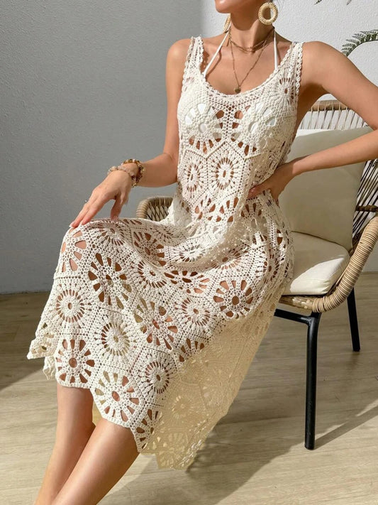 3D Flower Knitted Sling Long Dress Women Sexy Deep V-neck Backless Sleeveless Lace Up Femme Robes 2026 Summer Beach Dresses