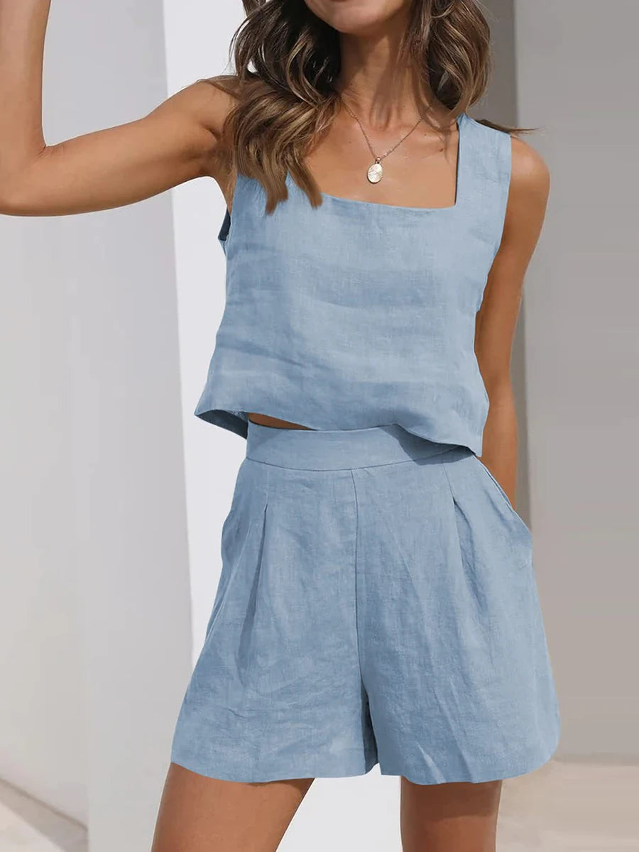 Womens Summer 2 Piece Outfits Lounge Matching Sets Two Piece Linen Shorts Crop Tops Trendy Clothes Vacation Set 7 Colors