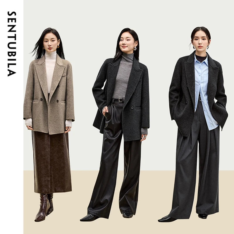 SENTUBILA Wool Blend Blazer Jacket Women 2025 Winter Warm Double Breasted Woolen Coat Woman Outerwear Female Clothing W44O56673
