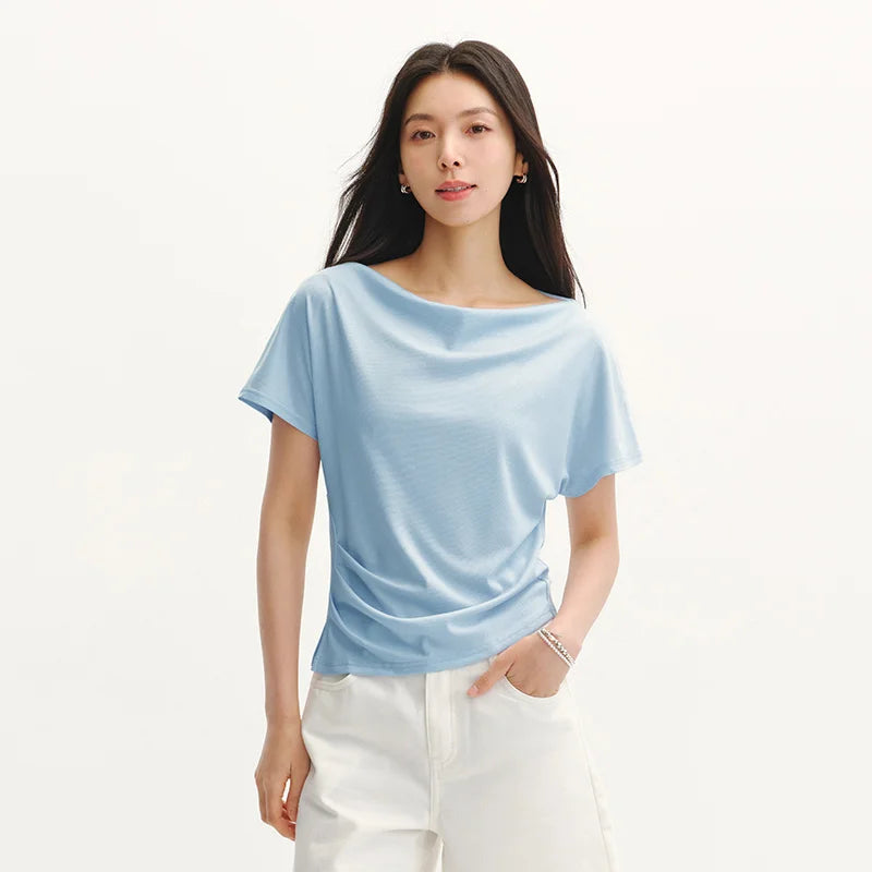Semir Womens Tshirt 2026 Short Style Draped Neck Slit Ruched Slim Raglan Sleeve Casual Fashion