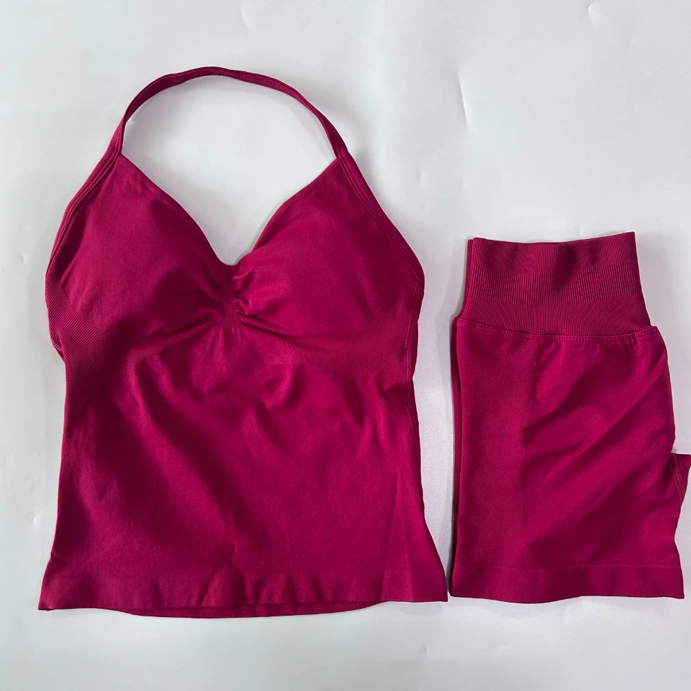 No Logo 2Pcs Gym Set Women Backless Tank Tops High Waist Scrunch Seamless Shorts Gym Suit Fitness Clothes Activewear Workout Set