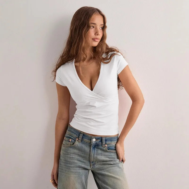 Summer New Fashion Women's T-Shirt Solid-Color Slim-Fit V-Neck Short-Sleeve Top Y2k Clothing