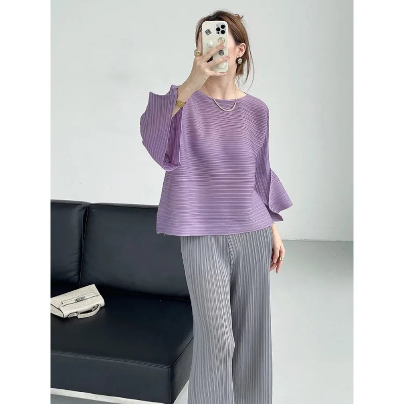 YUDX Pleated T-shirt For Women O-neck Flare Sleeves Solid Color Casual Tops Versatile Summer New Clothing