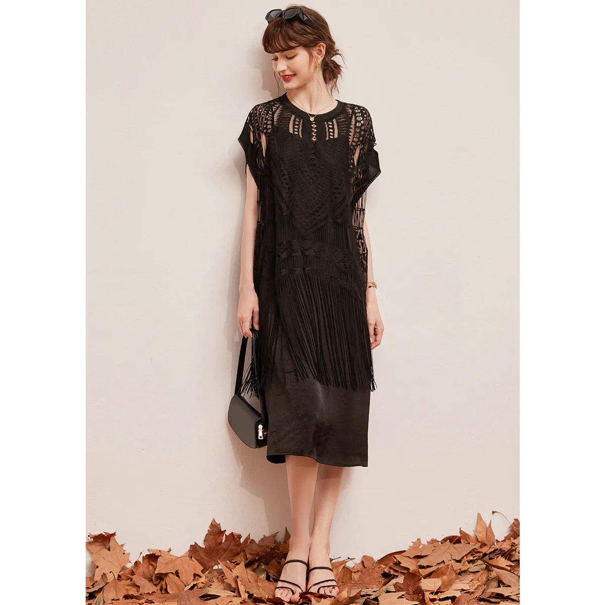 LOUIS YAO Dress Set Two-piece Set with Hollowed Out Lace Tassel Top and Elegant Camisole Dress Summer Dress for Women