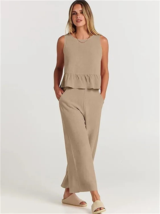 Women's New Summer Suit Solid Color Casual Sleeveless Pleated Round Neck Vest Button Wide Leg Nine-point Pants Two-piece Set