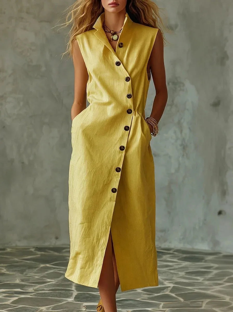 Women New Elegant Sundress Summer Single-breasted V Neck Sleeveless Long Dress Fashion Holiday Party Vestido Femme Casual Dress